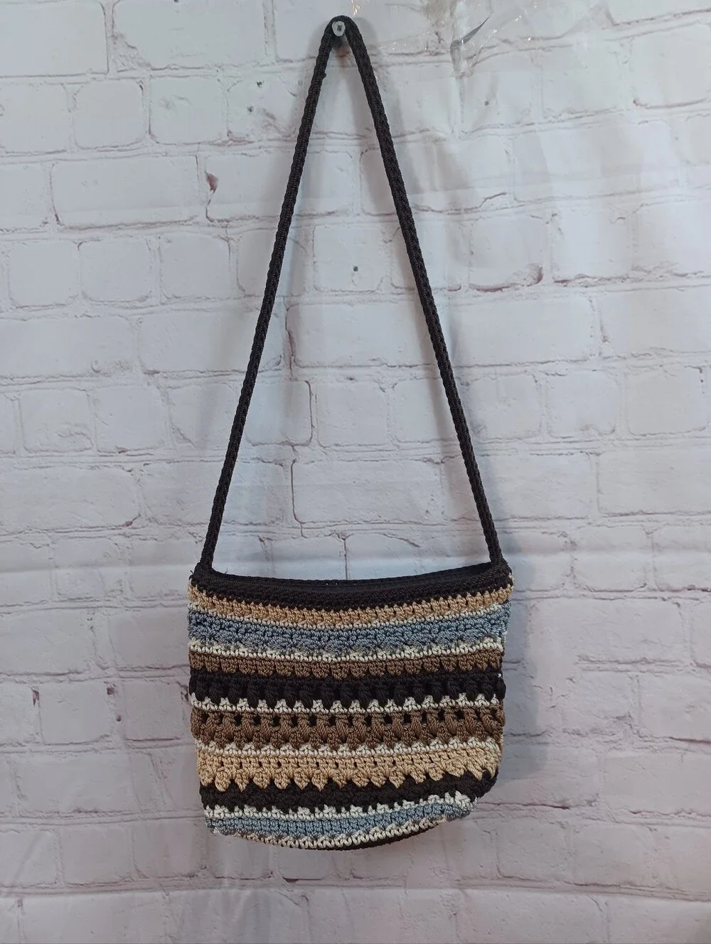 the sak striped crochet knit crossbody shoulder bag brown blue neutral zip